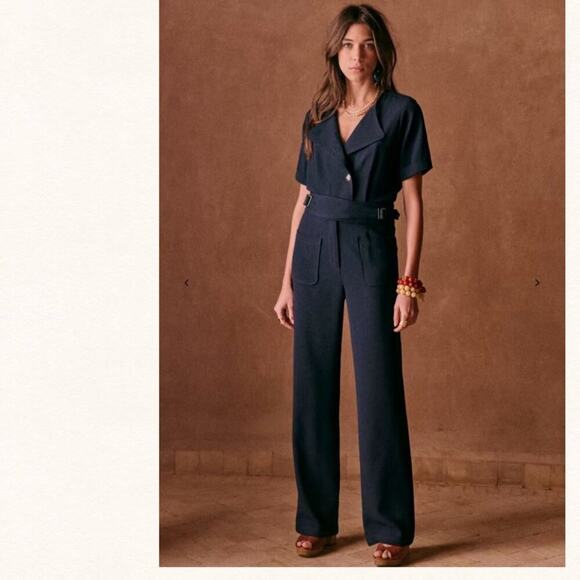 Sezane Uma Belted Jumpsuit Navy Blue Sz 40 (US L) - Picture 1 of 9